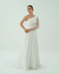 shoulder off wedding dress with beaded sleeve