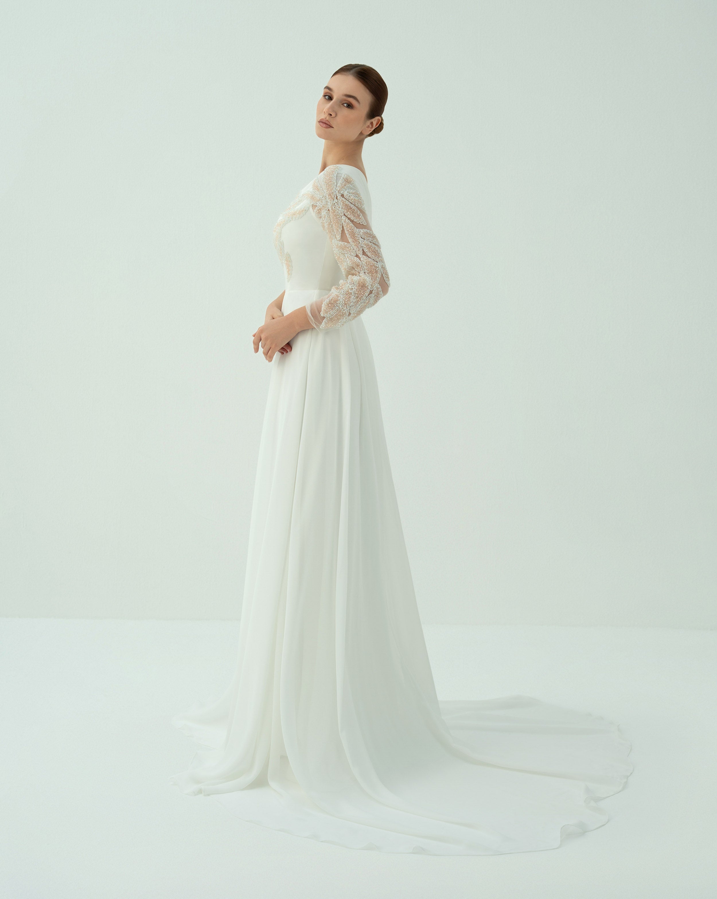 shoulder off wedding dress with beaded sleeve
