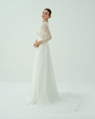 shoulder off wedding dress with beaded sleeve