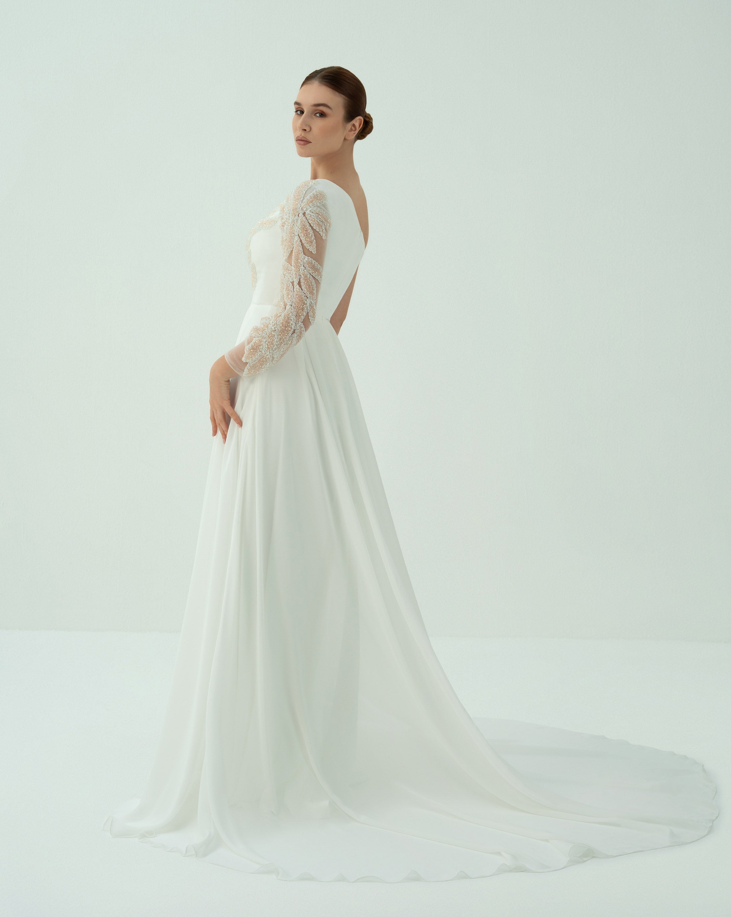 shoulder off wedding dress with beaded sleeve