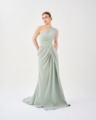 Green mint draped dress with shoulder off-Zumorrod