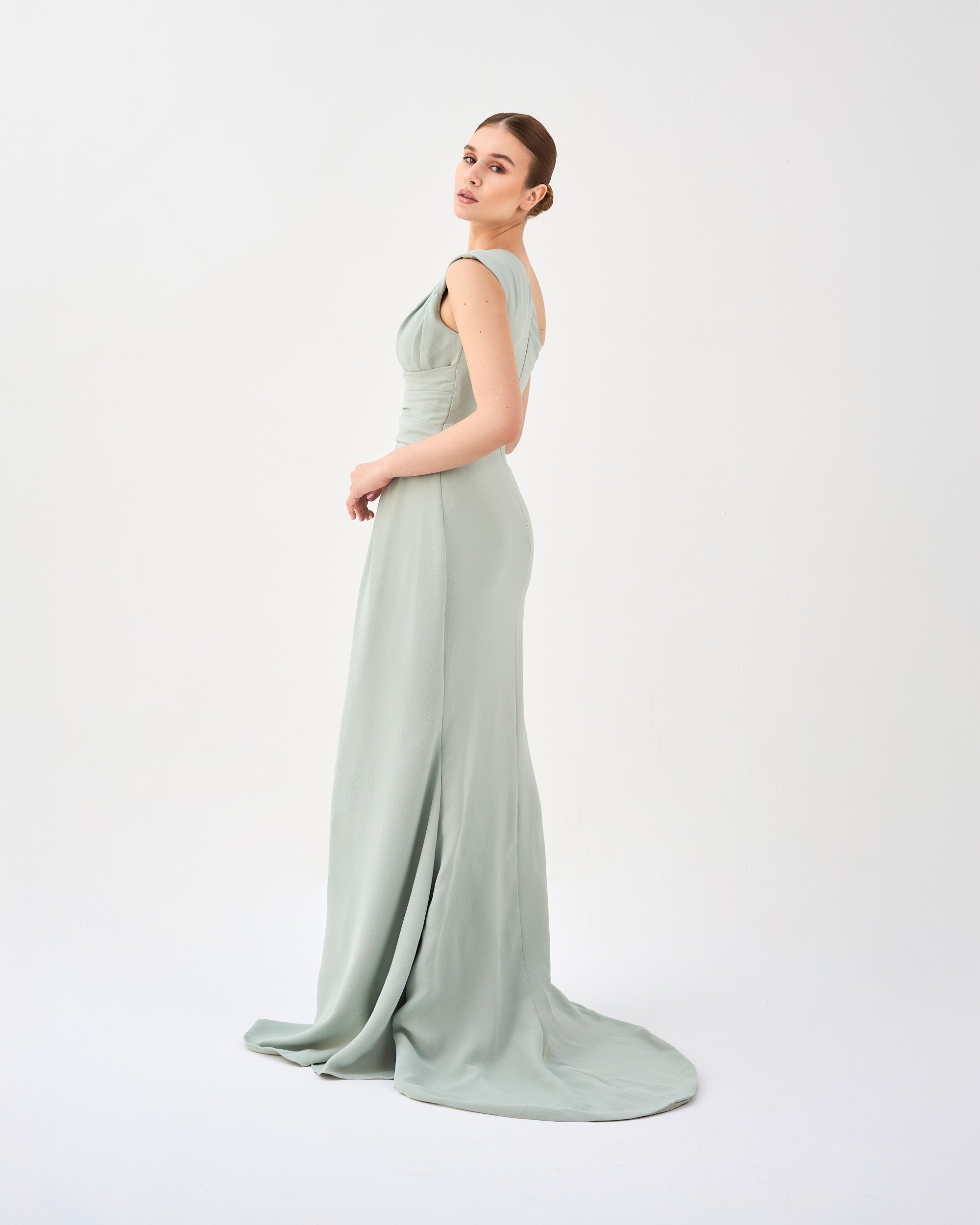Green mint draped dress with shoulder off-Zumorrod