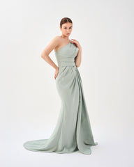 Green mint draped dress with shoulder off-Zumorrod