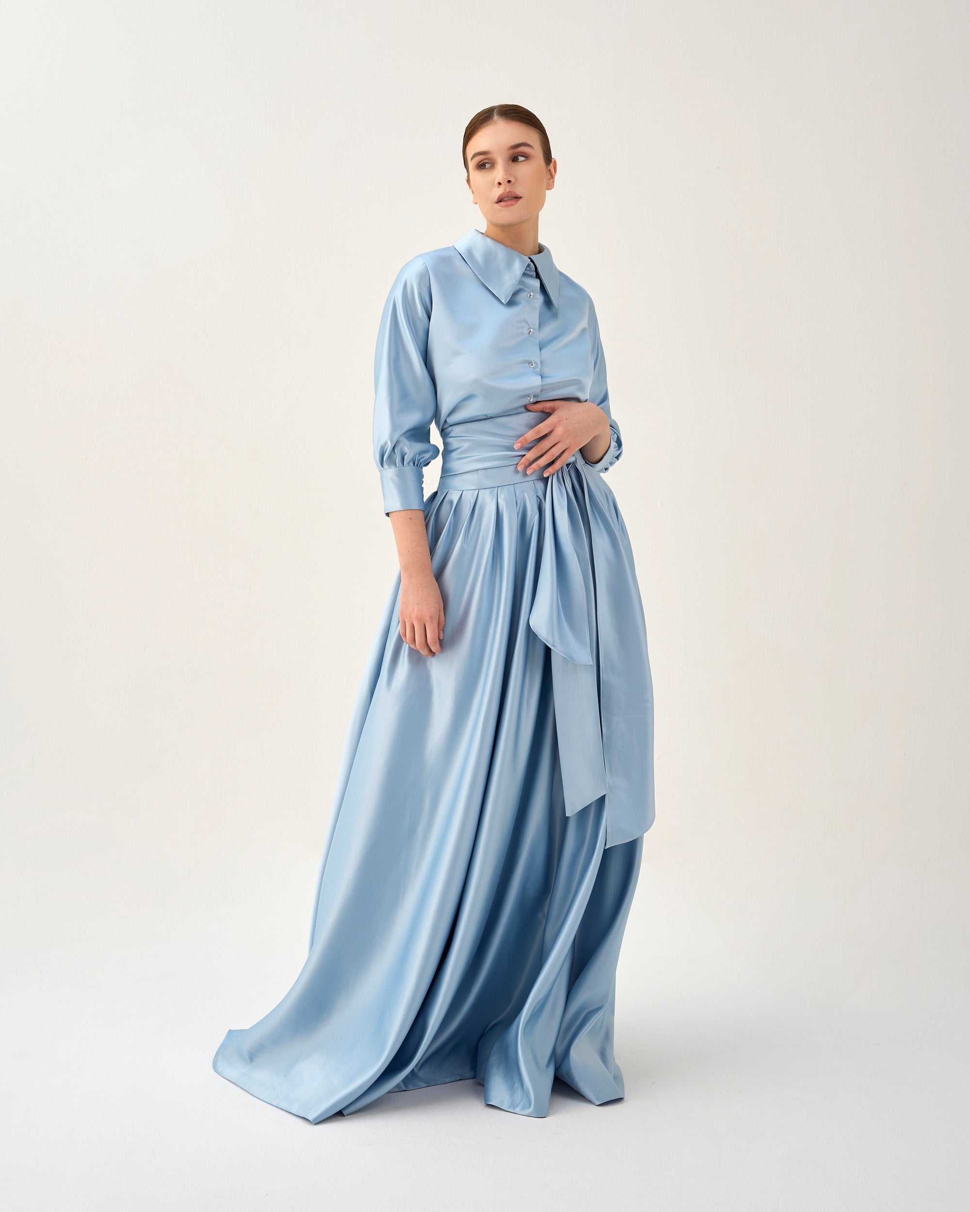 Satin Shirt Dress with Flowing Maxi Skirt – CELESTE