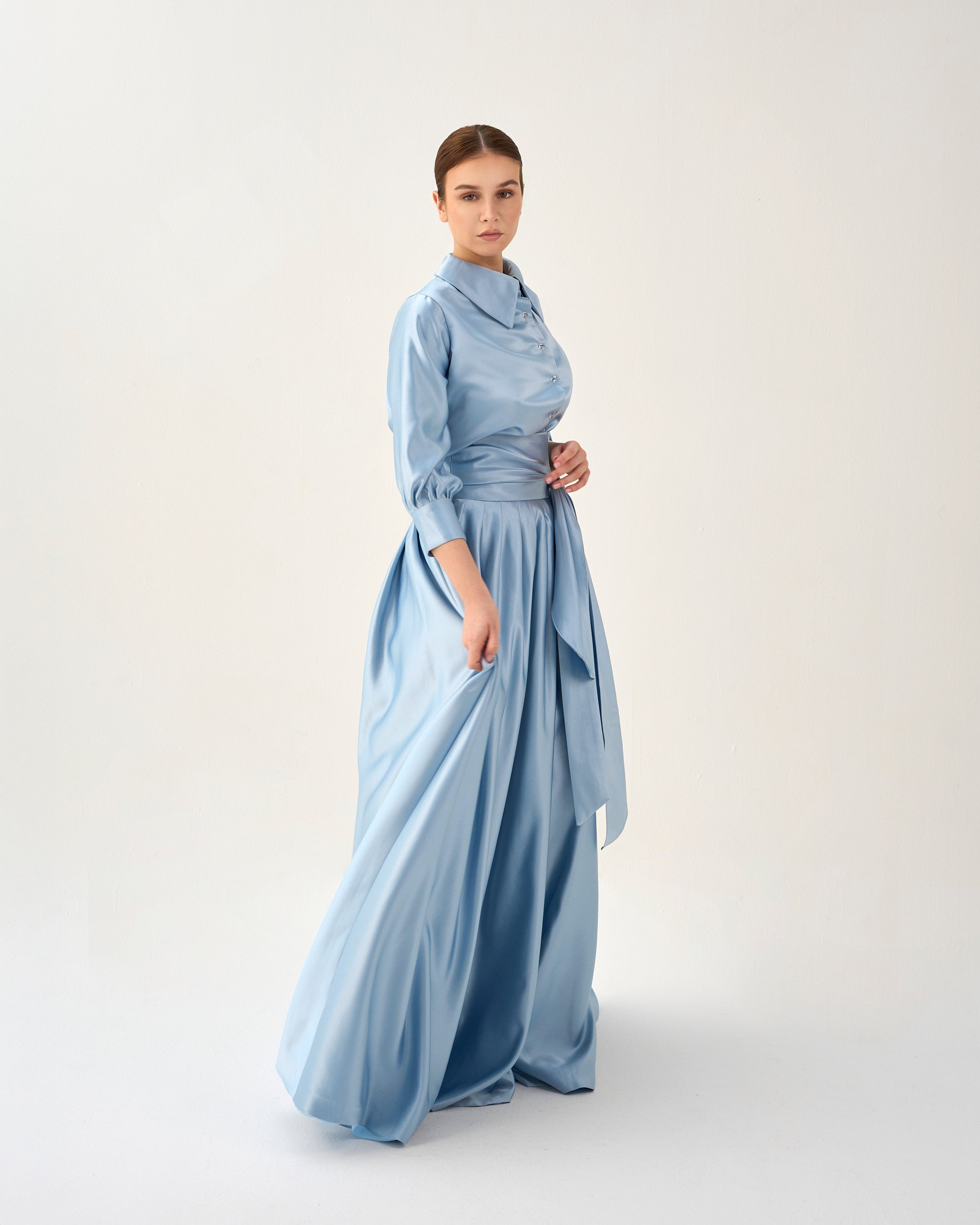 Satin Shirt Dress with Flowing Maxi Skirt – CELESTE