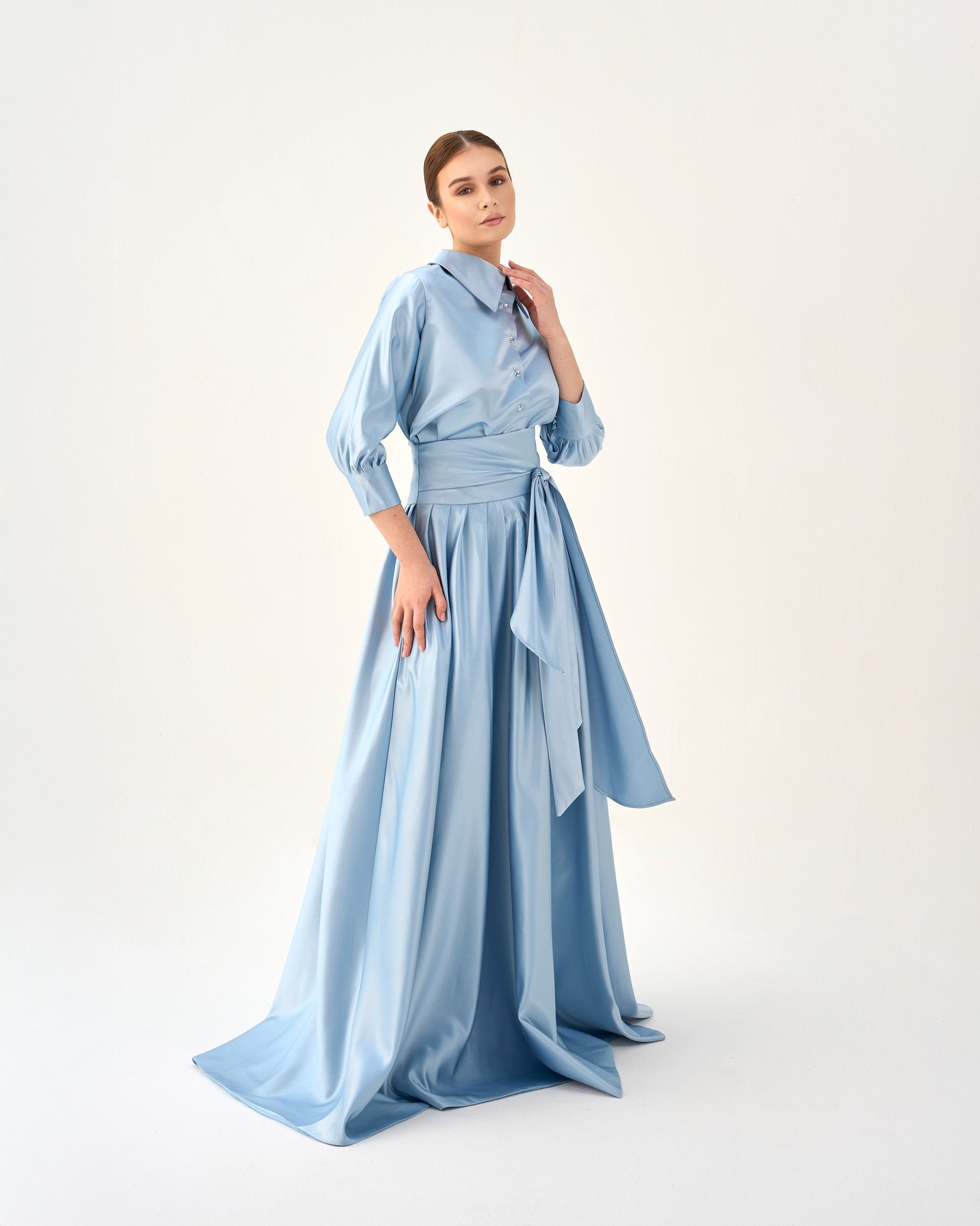 Satin Shirt Dress with Flowing Maxi Skirt – CELESTE