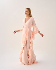 Ruffle column dress with V neckline