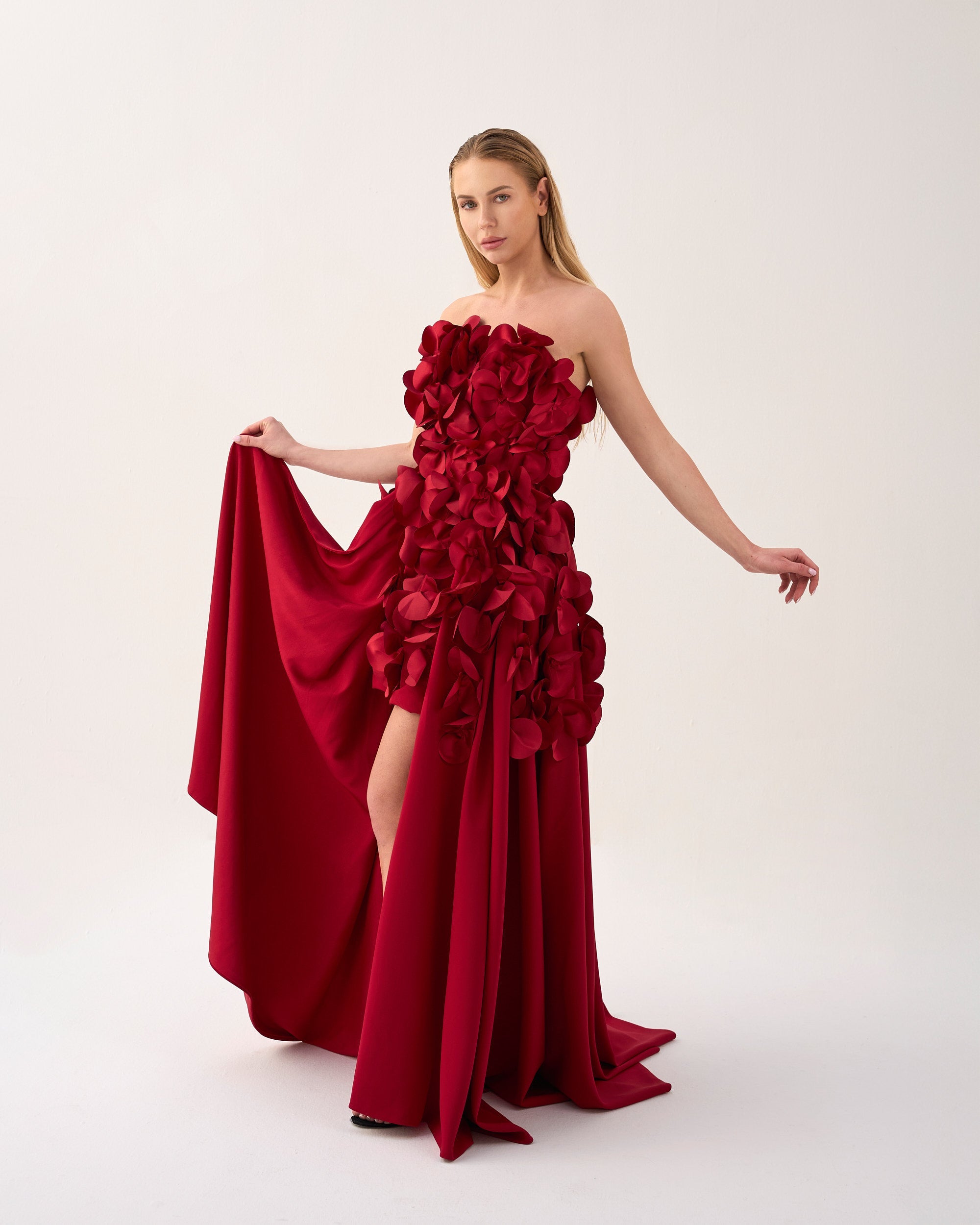 Strapless High-Low Dress with 3D Floral Appliqué – Stephanie