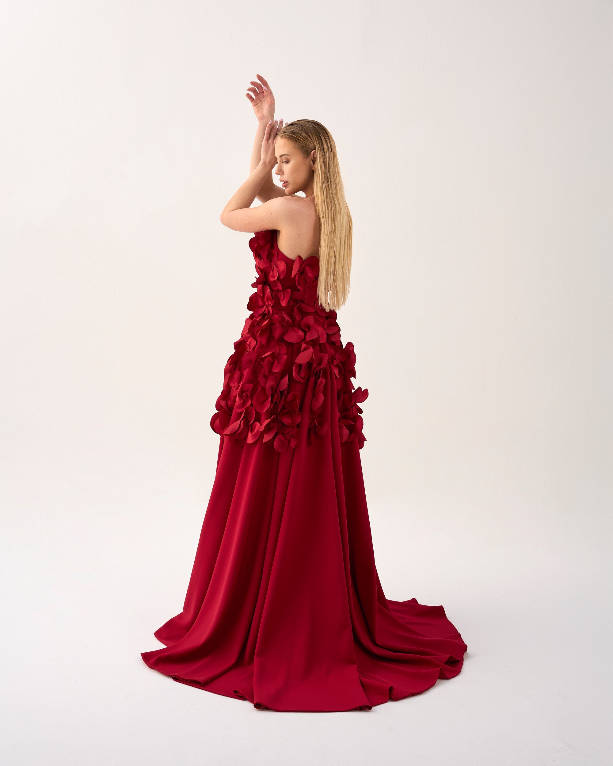 Strapless High-Low Dress with 3D Floral Appliqué – Stephanie
