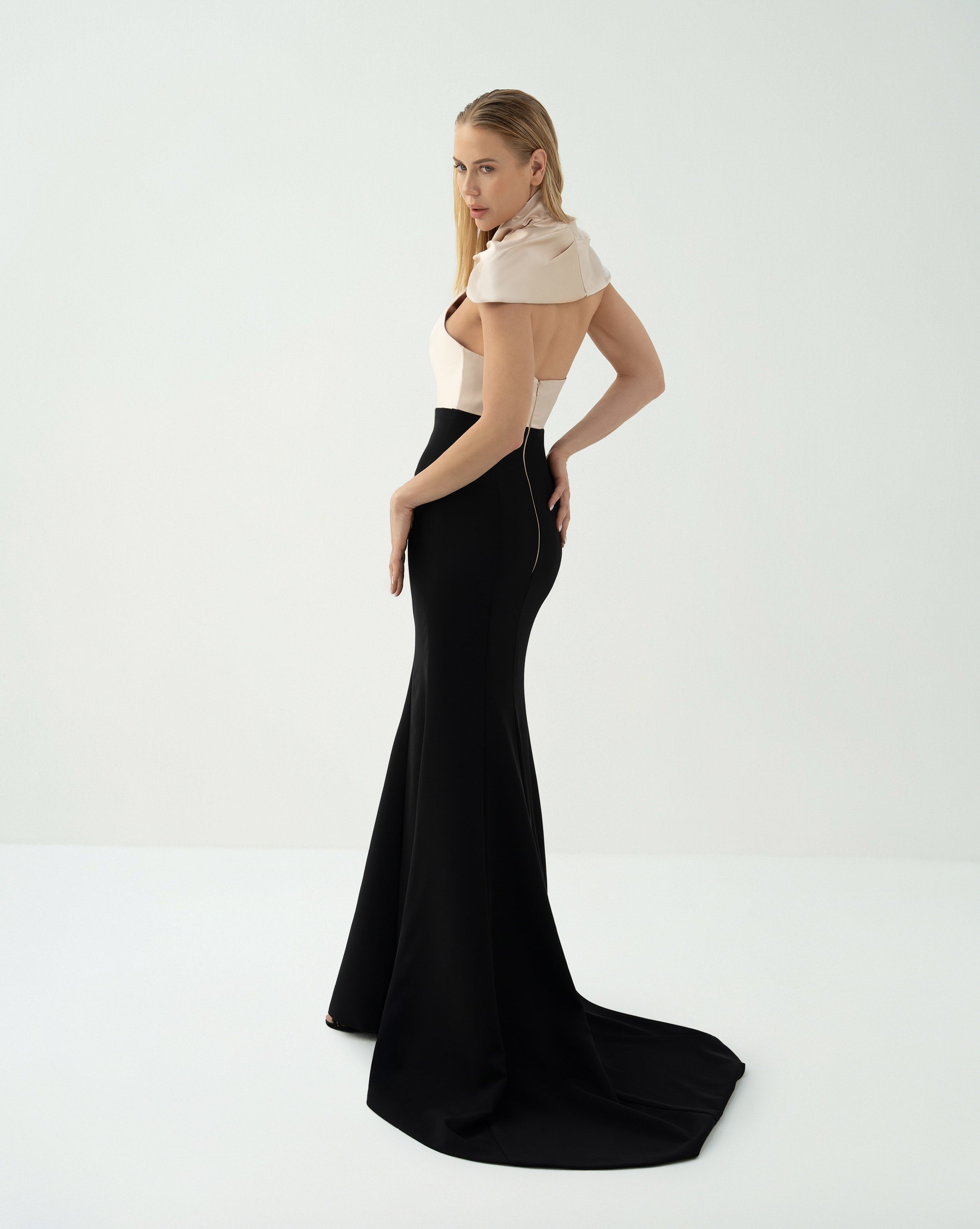 Two-Tone Mermaid Gown with Draped Satin Capelet - BIANCA