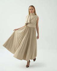 Asymmetric Pleated Midi Dress with Draped Shoulder - SANDRA