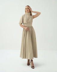 Asymmetric Pleated Midi Dress with Draped Shoulder - SANDRA