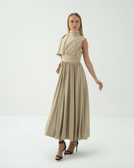 Asymmetric Pleated Midi Dress with Draped Shoulder - SANDRA