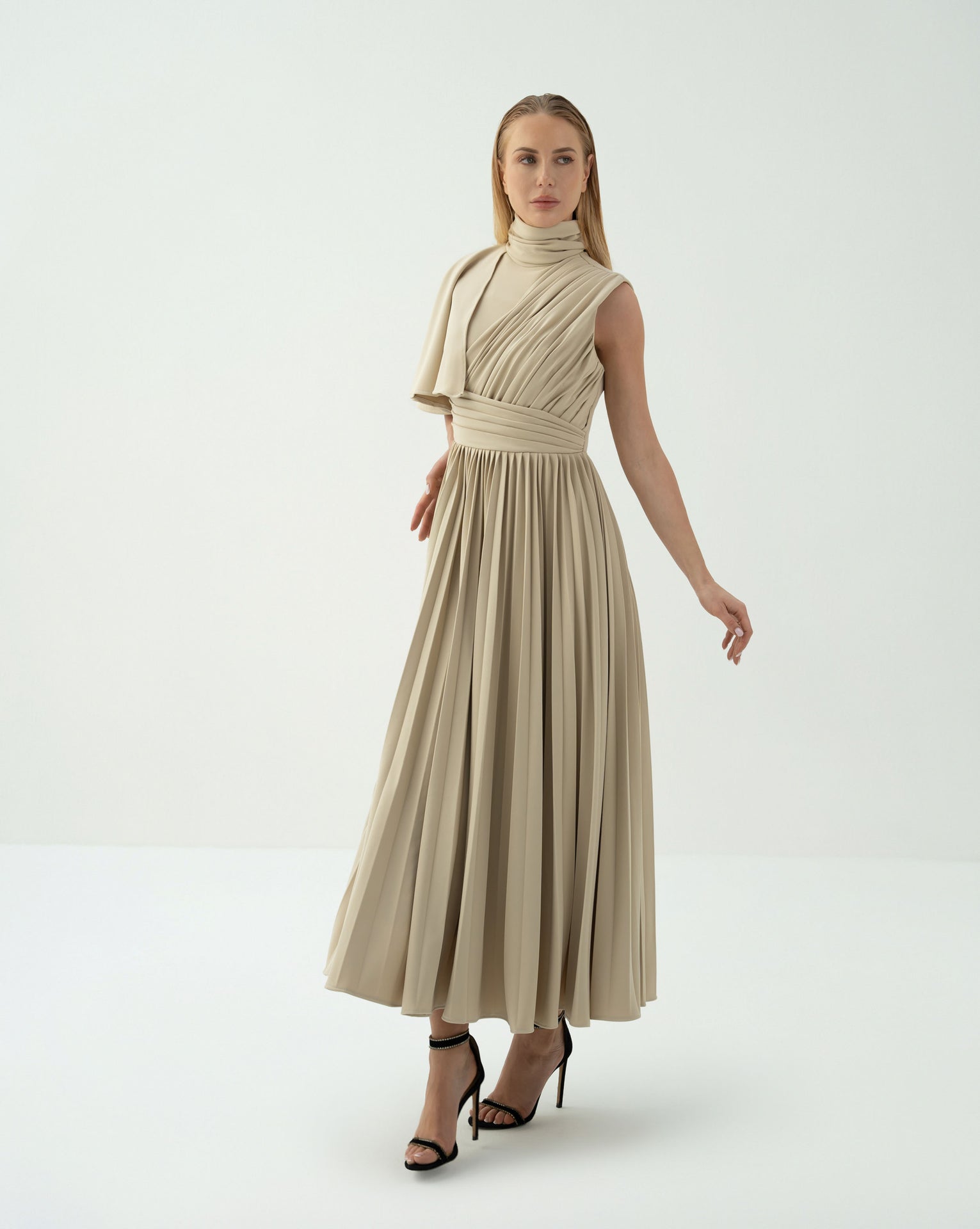 Asymmetric Pleated Midi Dress with Draped Shoulder - SANDRA