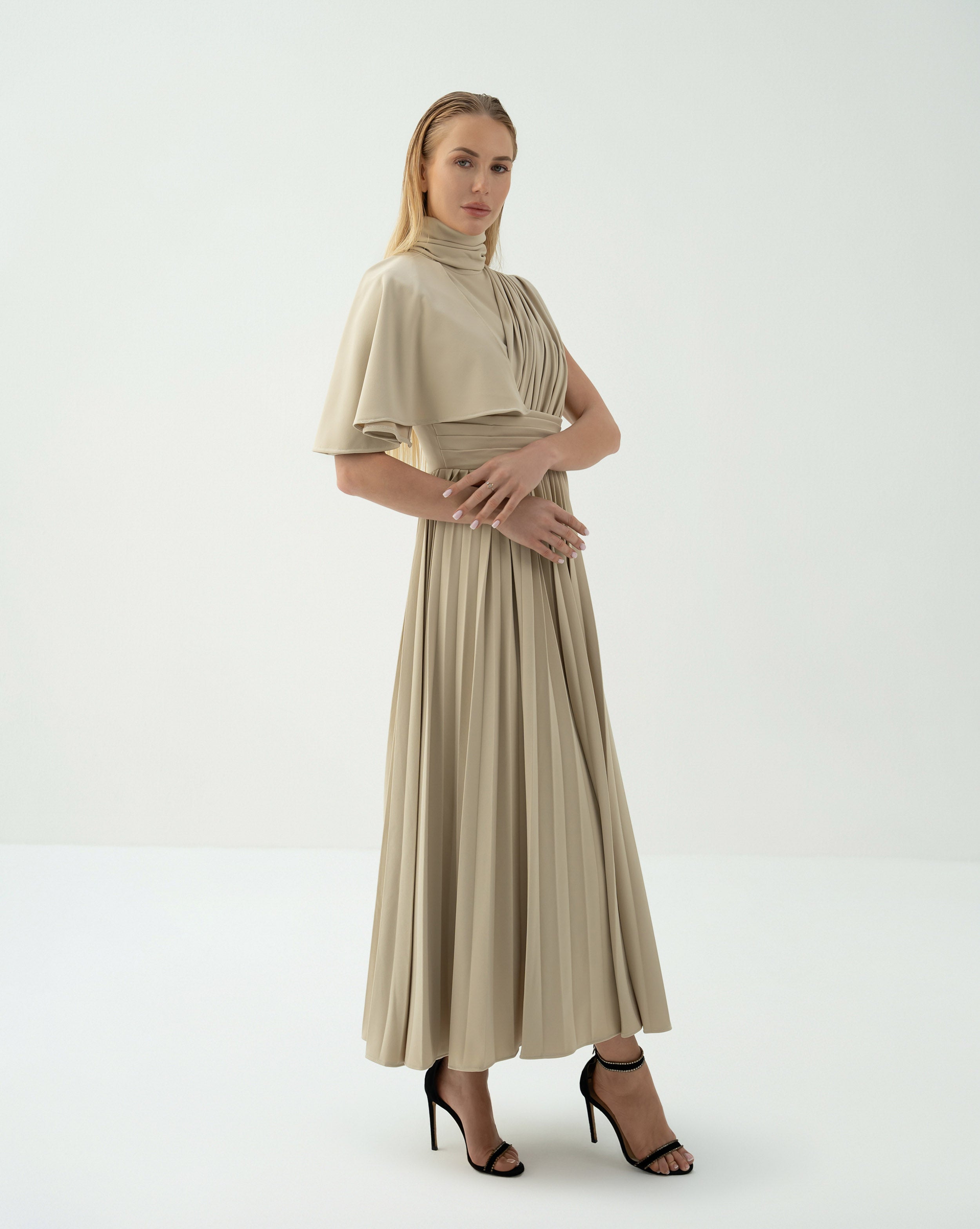 Asymmetric Pleated Midi Dress with Draped Shoulder - SANDRA