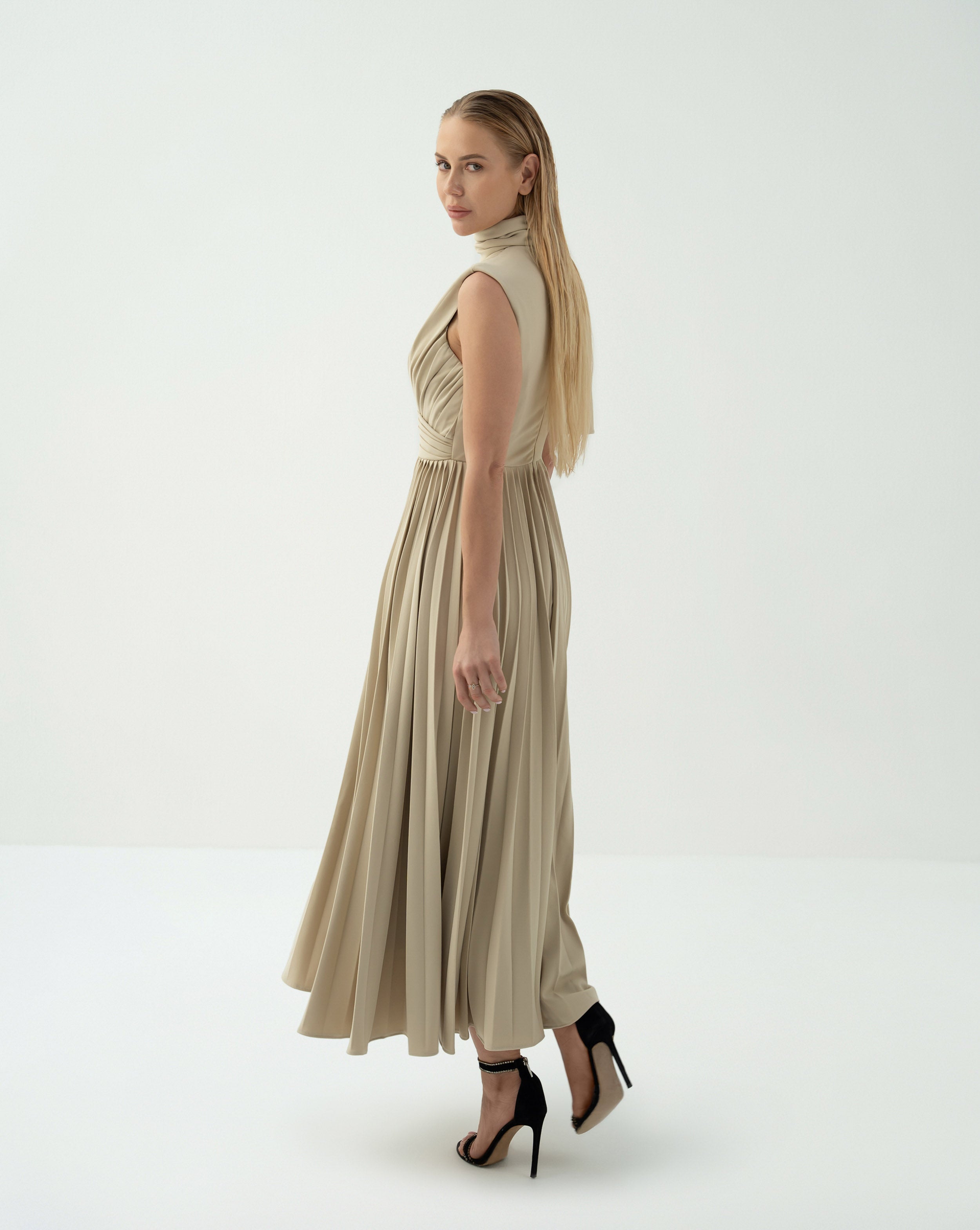 Asymmetric Pleated Midi Dress with Draped Shoulder - SANDRA