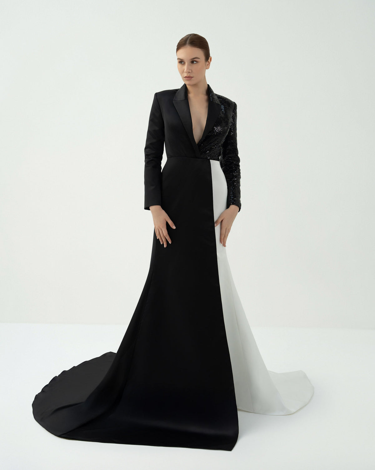 Tuxedo-Inspired Gown with Contrasting Train – Hasniya