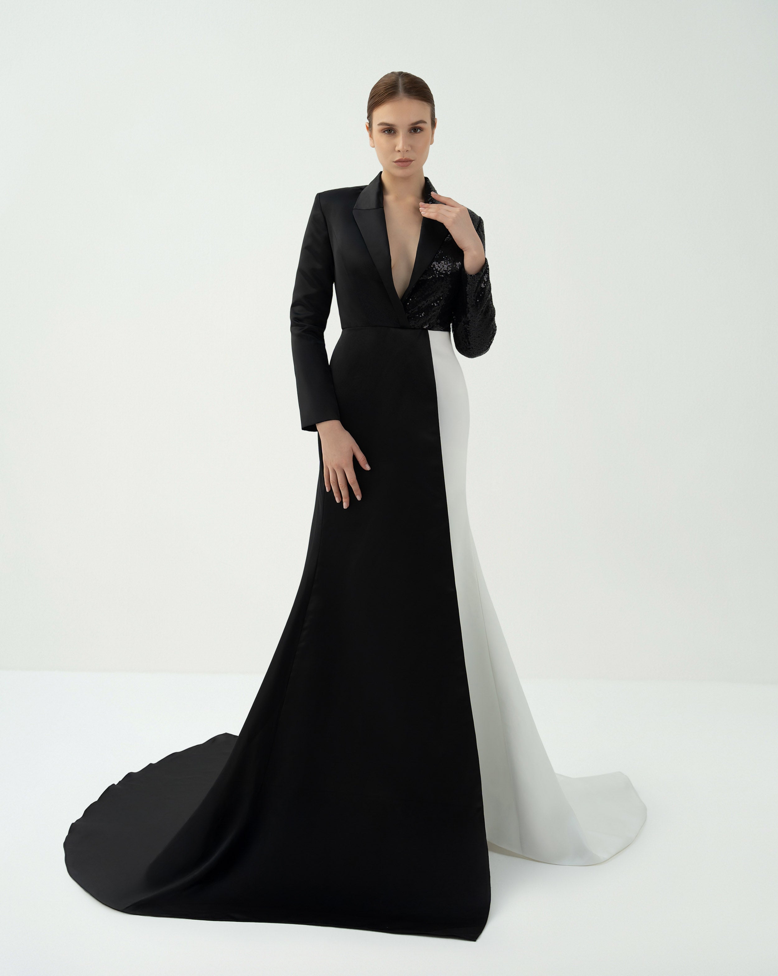 Tuxedo-Inspired Gown with Contrasting Train – Hasniya