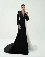 Tuxedo-Inspired Gown with Contrasting Train – Hasniya