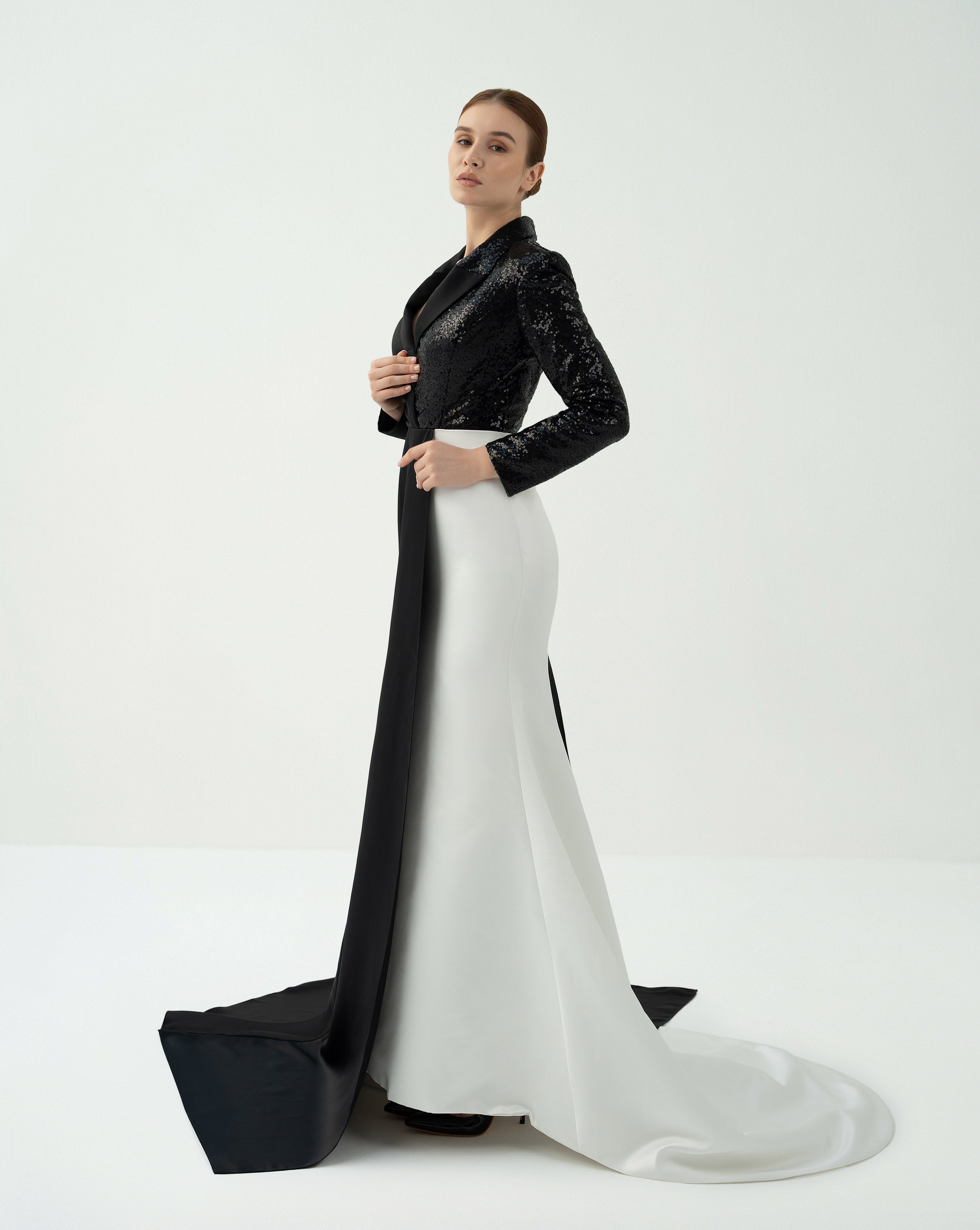 Tuxedo-Inspired Gown with Contrasting Train – Hasniya