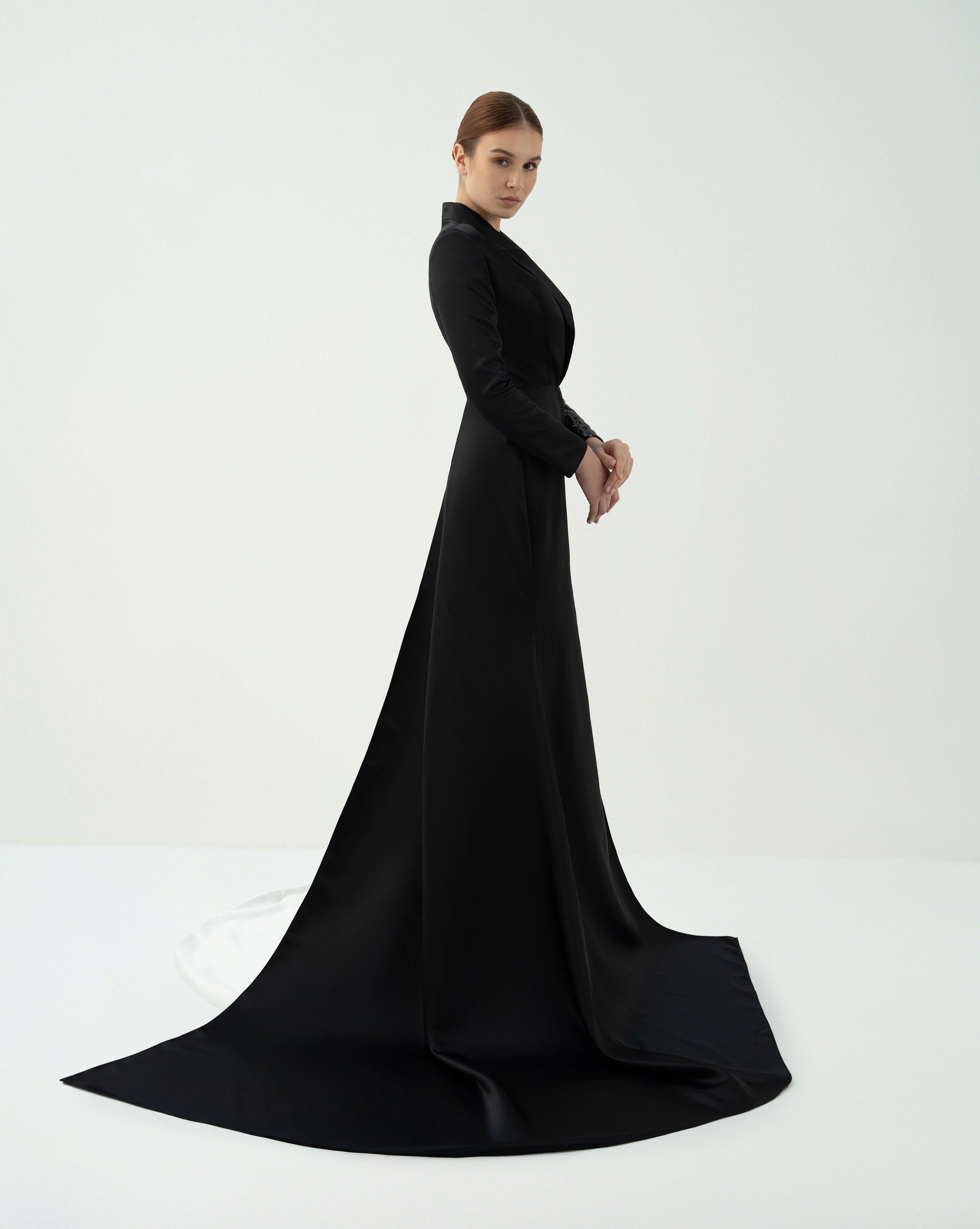 Tuxedo-Inspired Gown with Contrasting Train – Hasniya