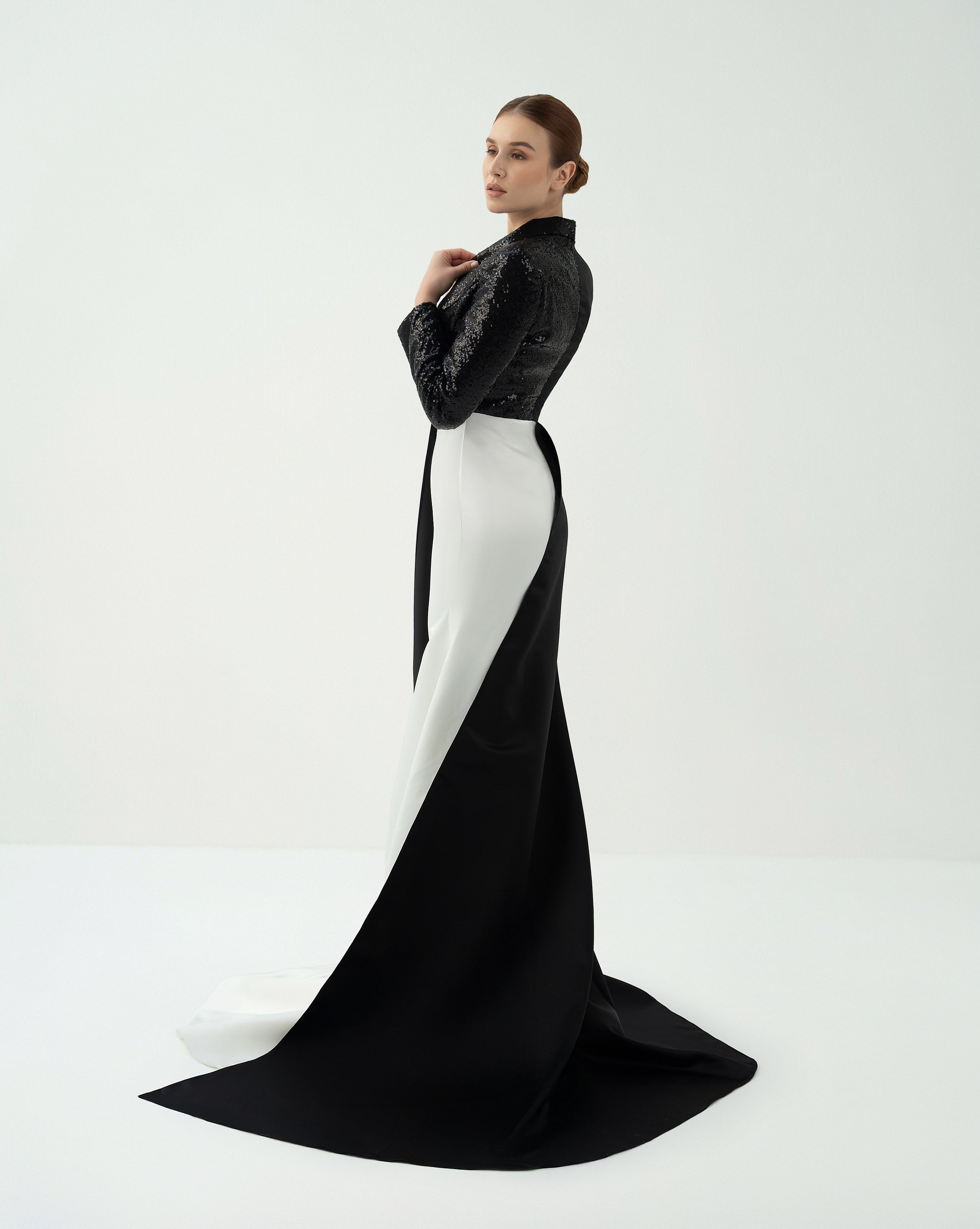 Tuxedo-Inspired Gown with Contrasting Train – Hasniya