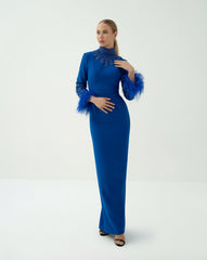 High-Neck Embellished Gown with Feather Cuffs - ROYAL