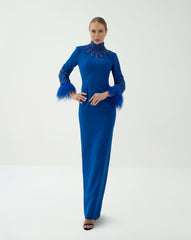 High-Neck Embellished Gown with Feather Cuffs - ROYAL