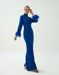 High-Neck Embellished Gown with Feather Cuffs - ROYAL