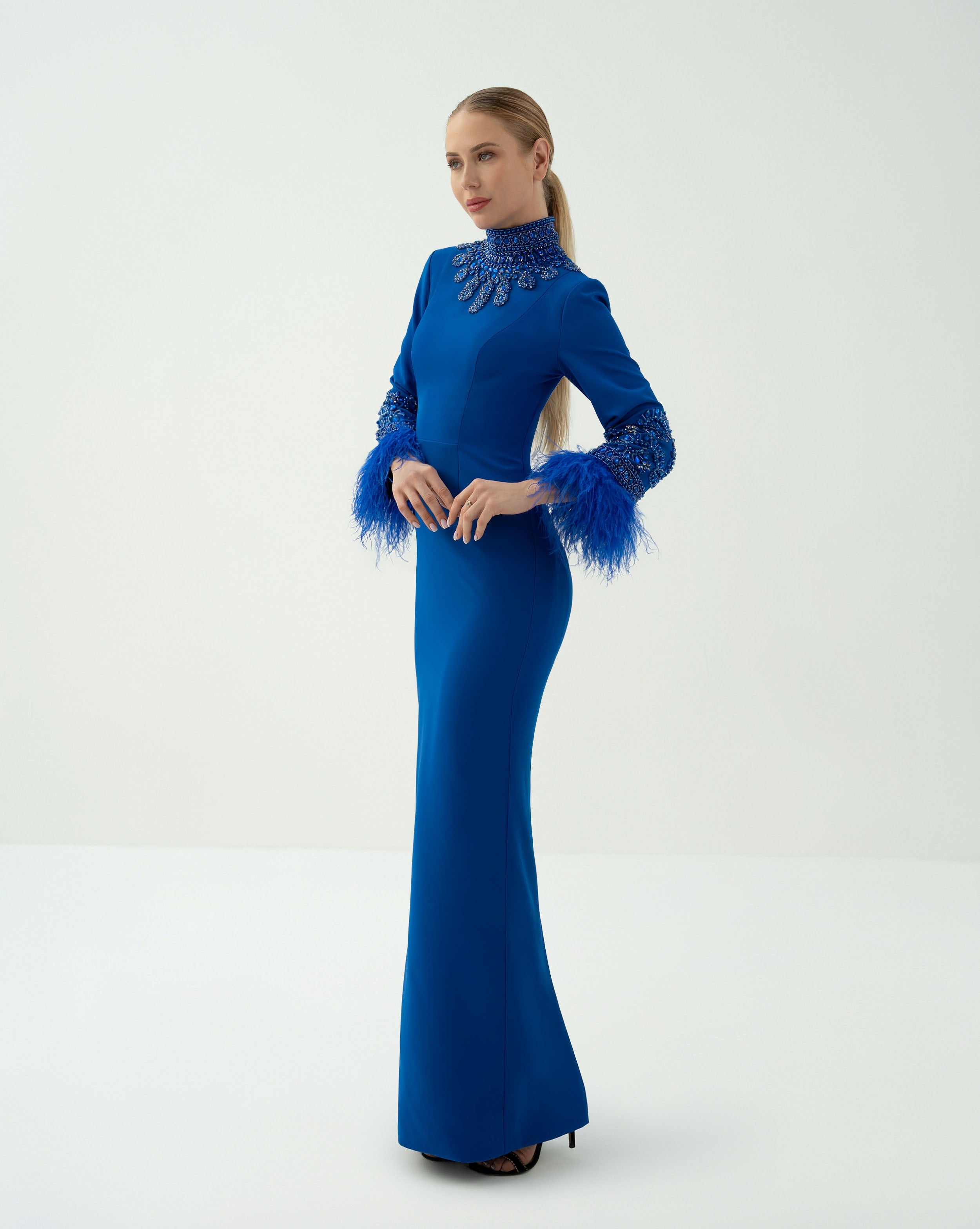 High-Neck Embellished Gown with Feather Cuffs - ROYAL