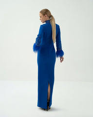 High-Neck Embellished Gown with Feather Cuffs - ROYAL