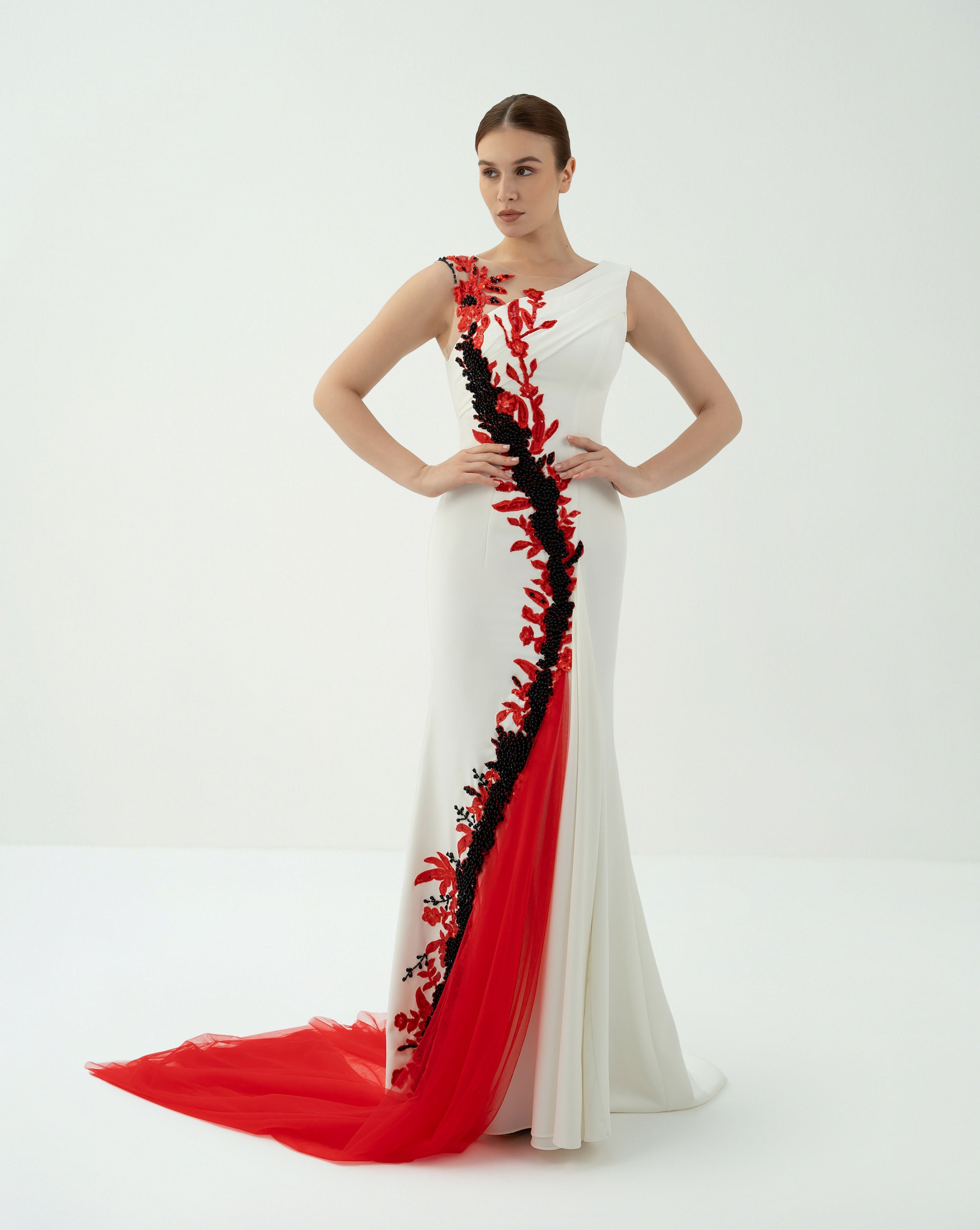 Asymmetric Embellished Gown with Tulle Train - Teresa