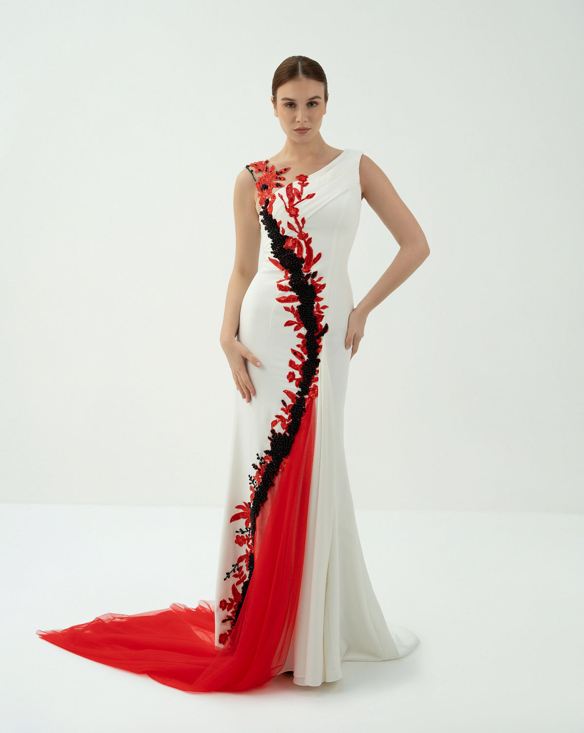 Asymmetric Embellished Gown with Tulle Train - Teresa