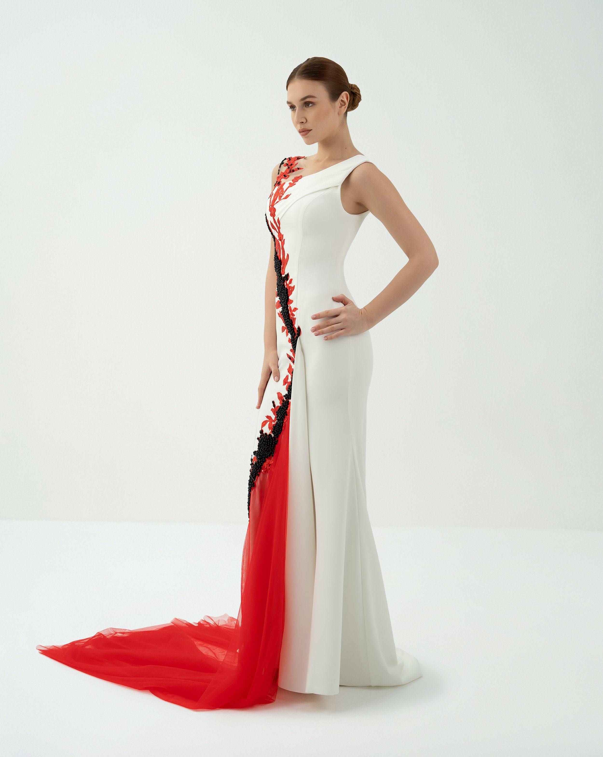 Asymmetric Embellished Gown with Tulle Train - Teresa