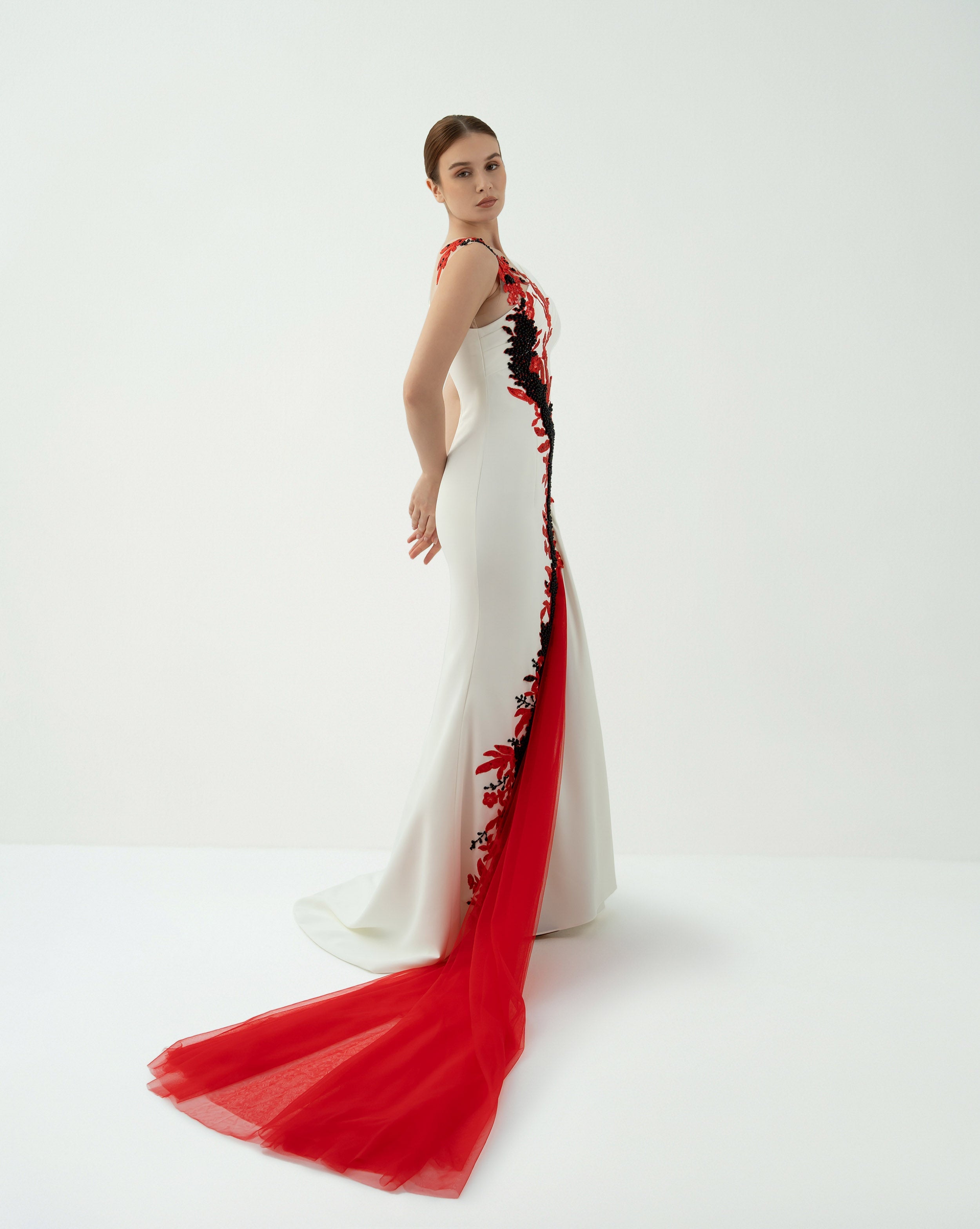 Asymmetric Embellished Gown with Tulle Train - Teresa