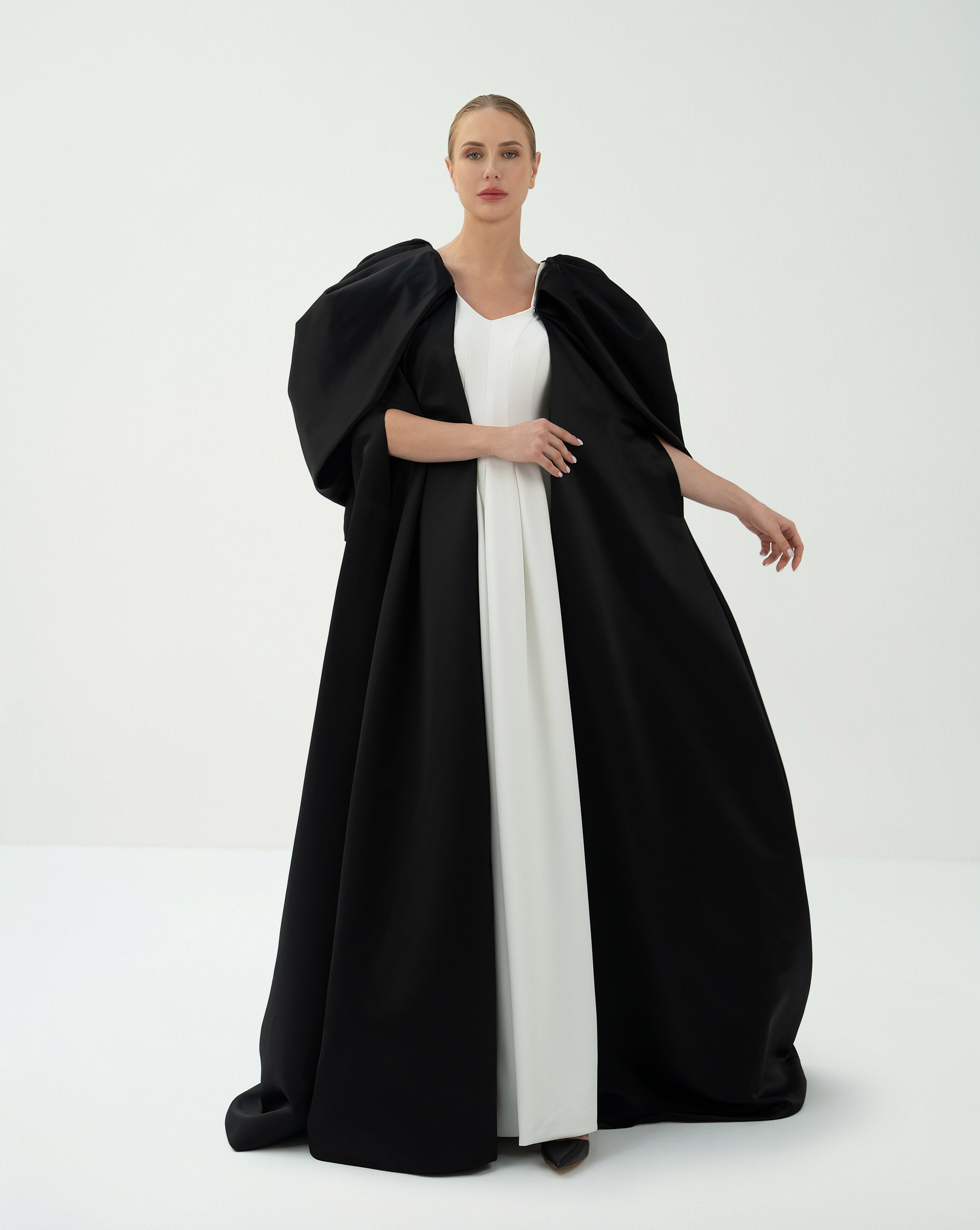 Sleeveless Pleated Gown with Dramatic Cape – Fatima