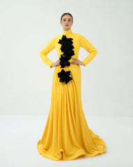 Draped dress with 3D flowers and mazi train - ASTRID