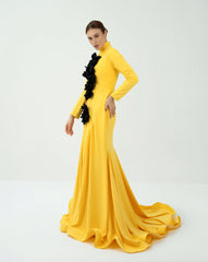 Draped dress with 3D flowers and mazi train - ASTRID