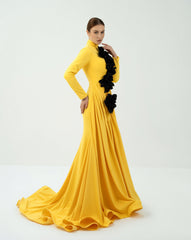 Draped dress with 3D flowers and mazi train - ASTRID