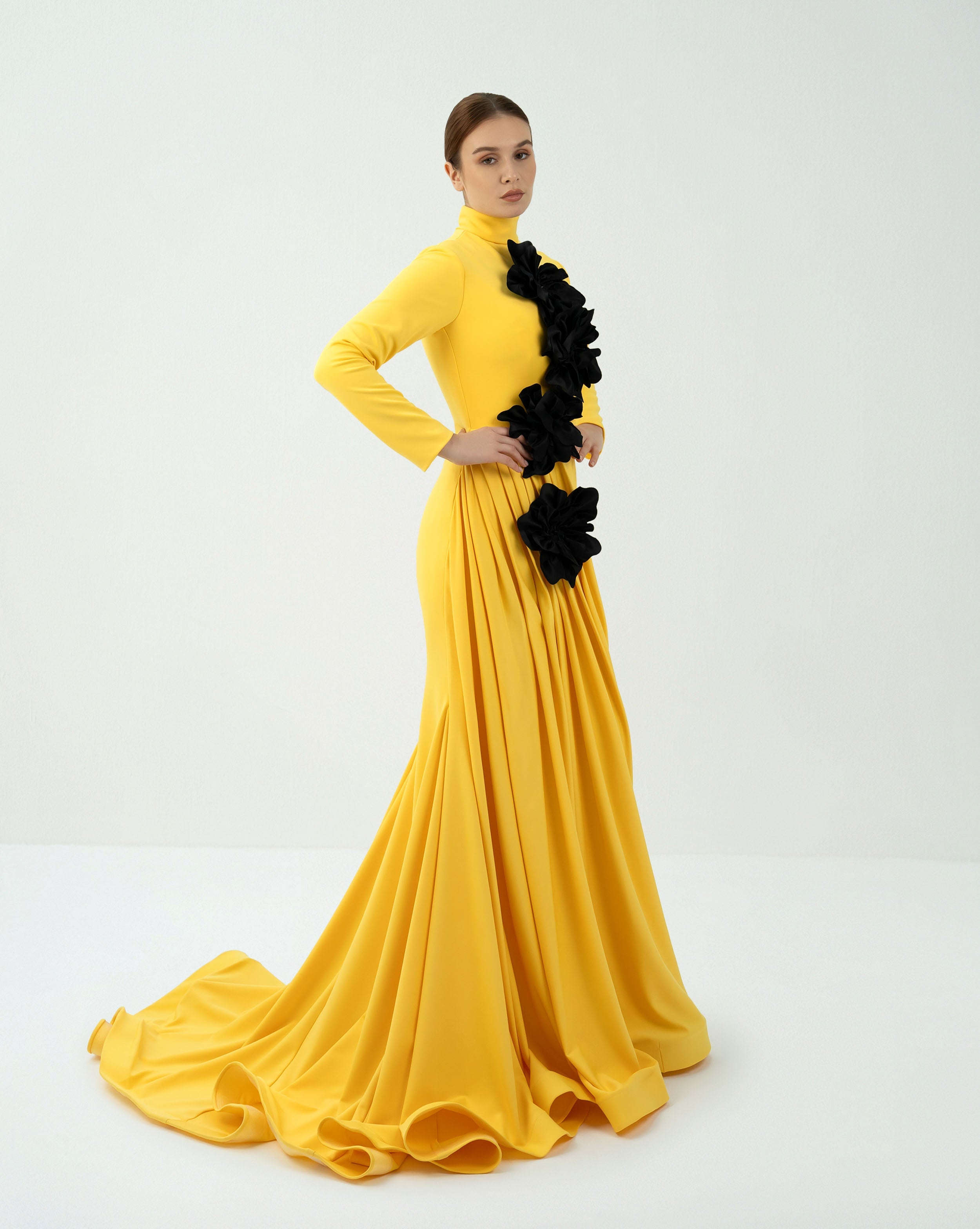 Draped dress with 3D flowers and mazi train - ASTRID