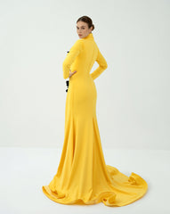 Draped dress with 3D flowers and mazi train - ASTRID