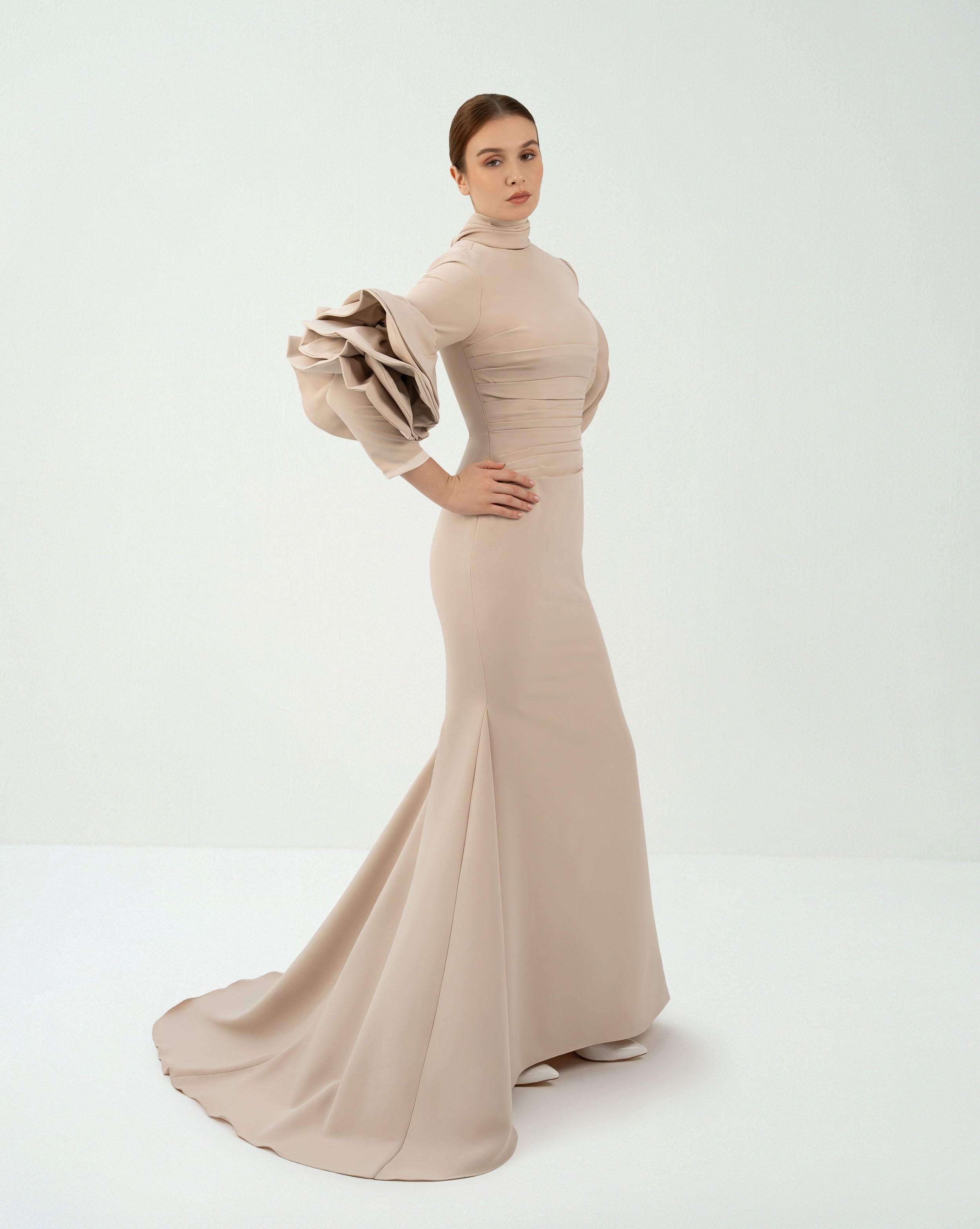 Pleated dress with ruffled sleeves and high neck - ZIVA