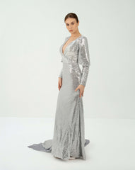 Sequined V-neckline dress with train - SAGE