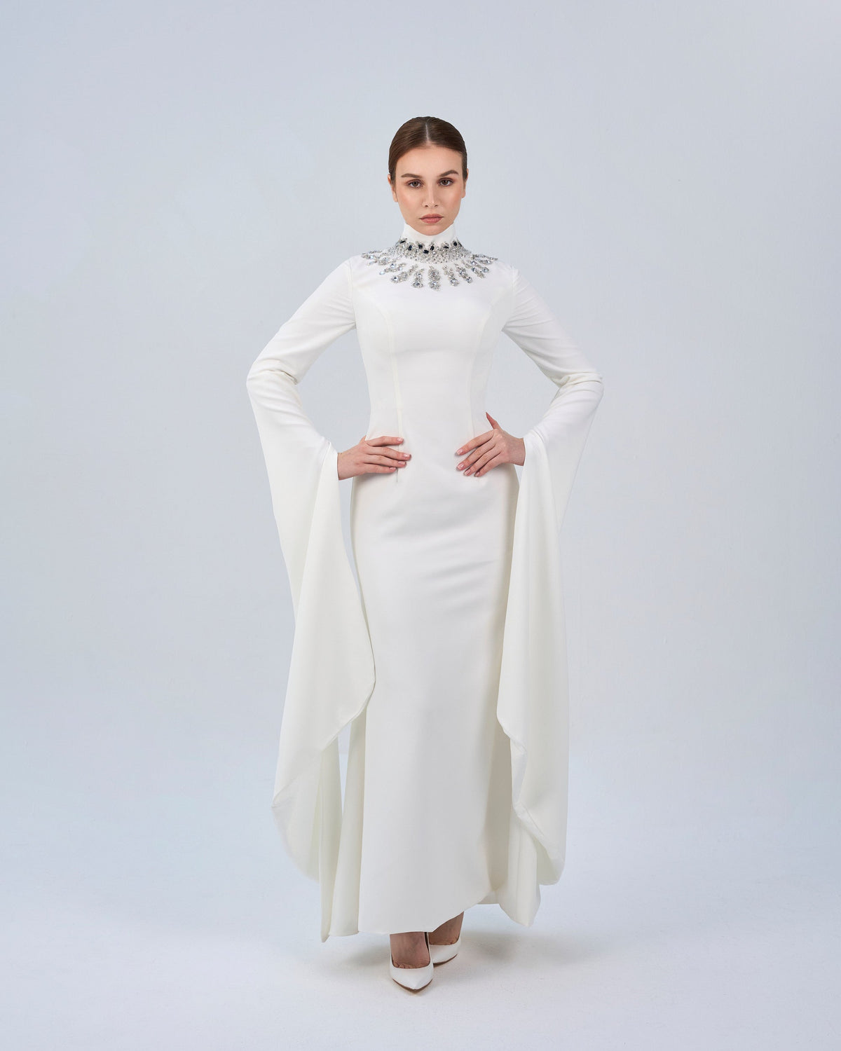 Beaded high neck dress with floor length sleeves- ZARA