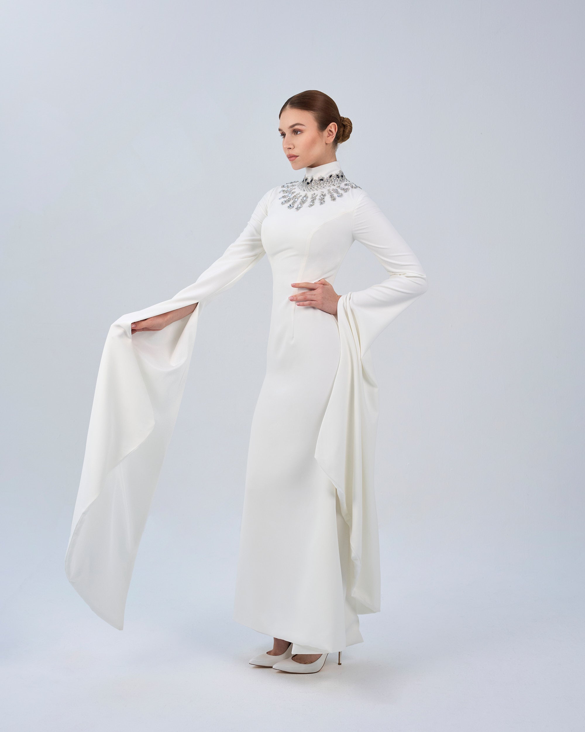 Beaded high neck dress with floor length sleeves- ZARA