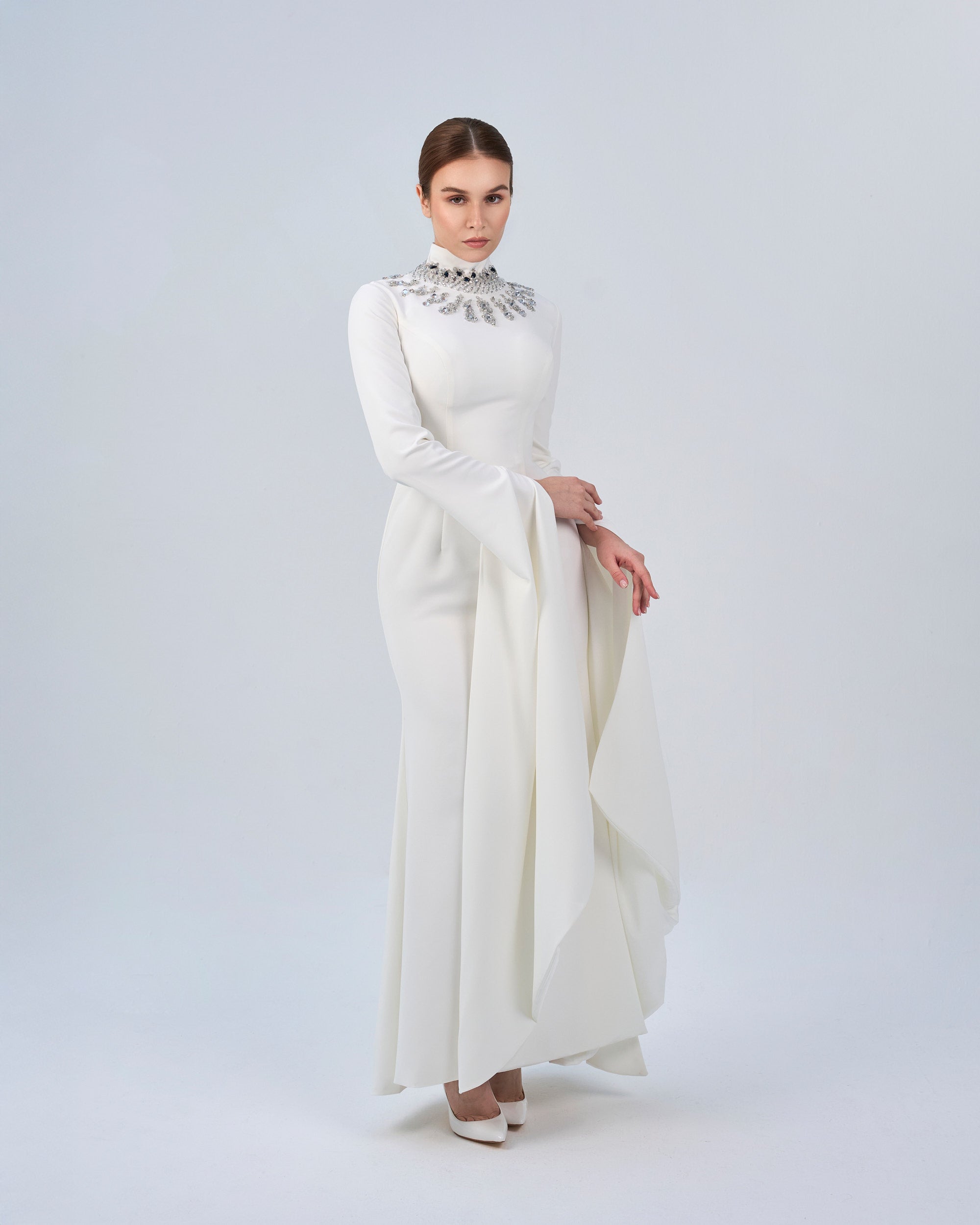 Beaded high neck dress with floor length sleeves- ZARA