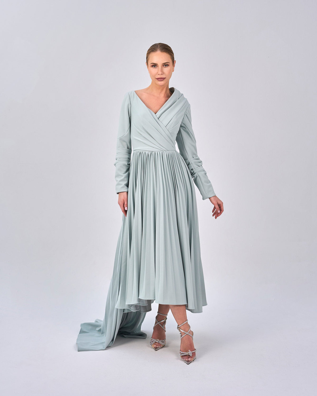 Draped - Pleated dress with asymmetrical neckline - ELODIE