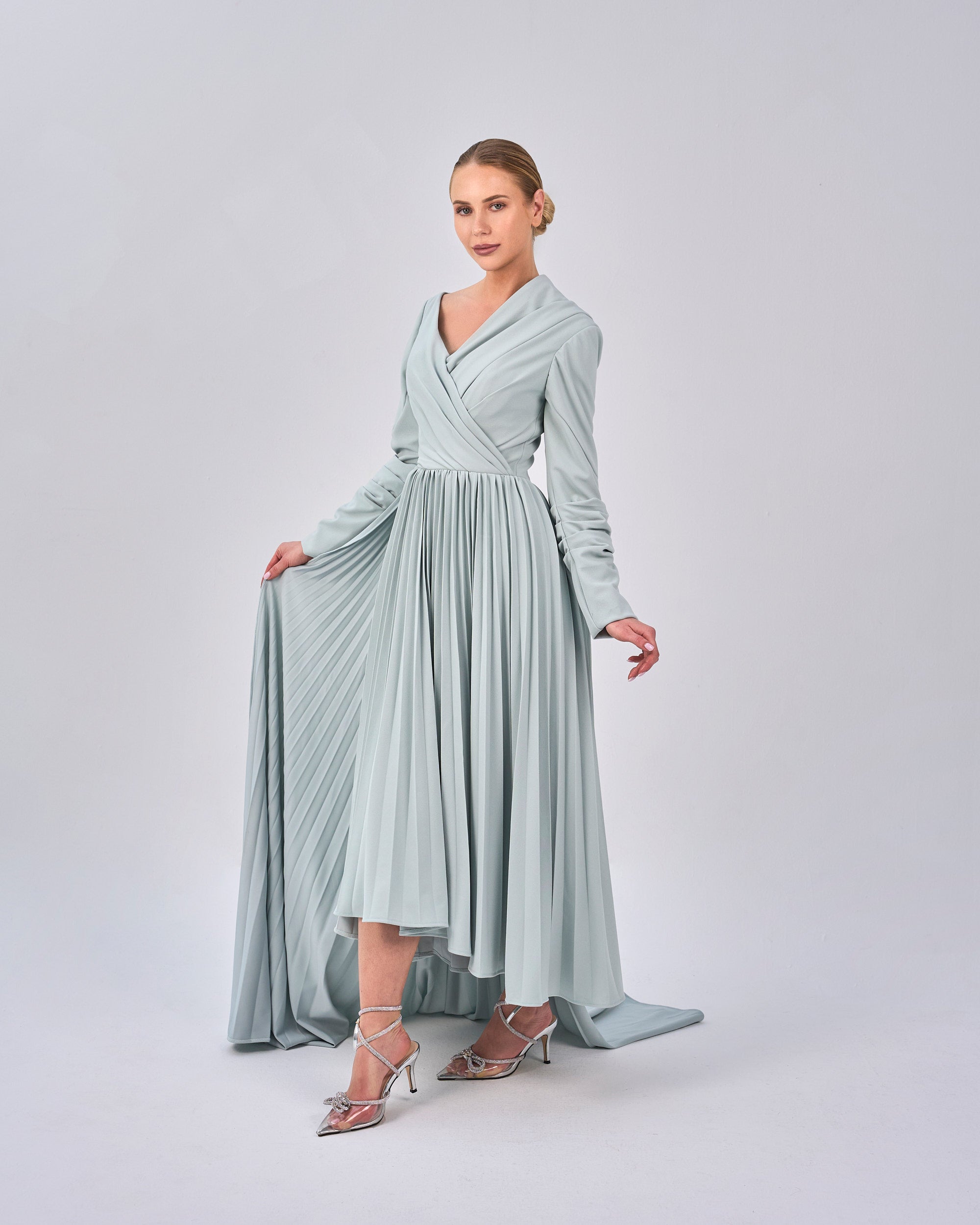 Draped - Pleated dress with asymmetrical neckline - ELODIE