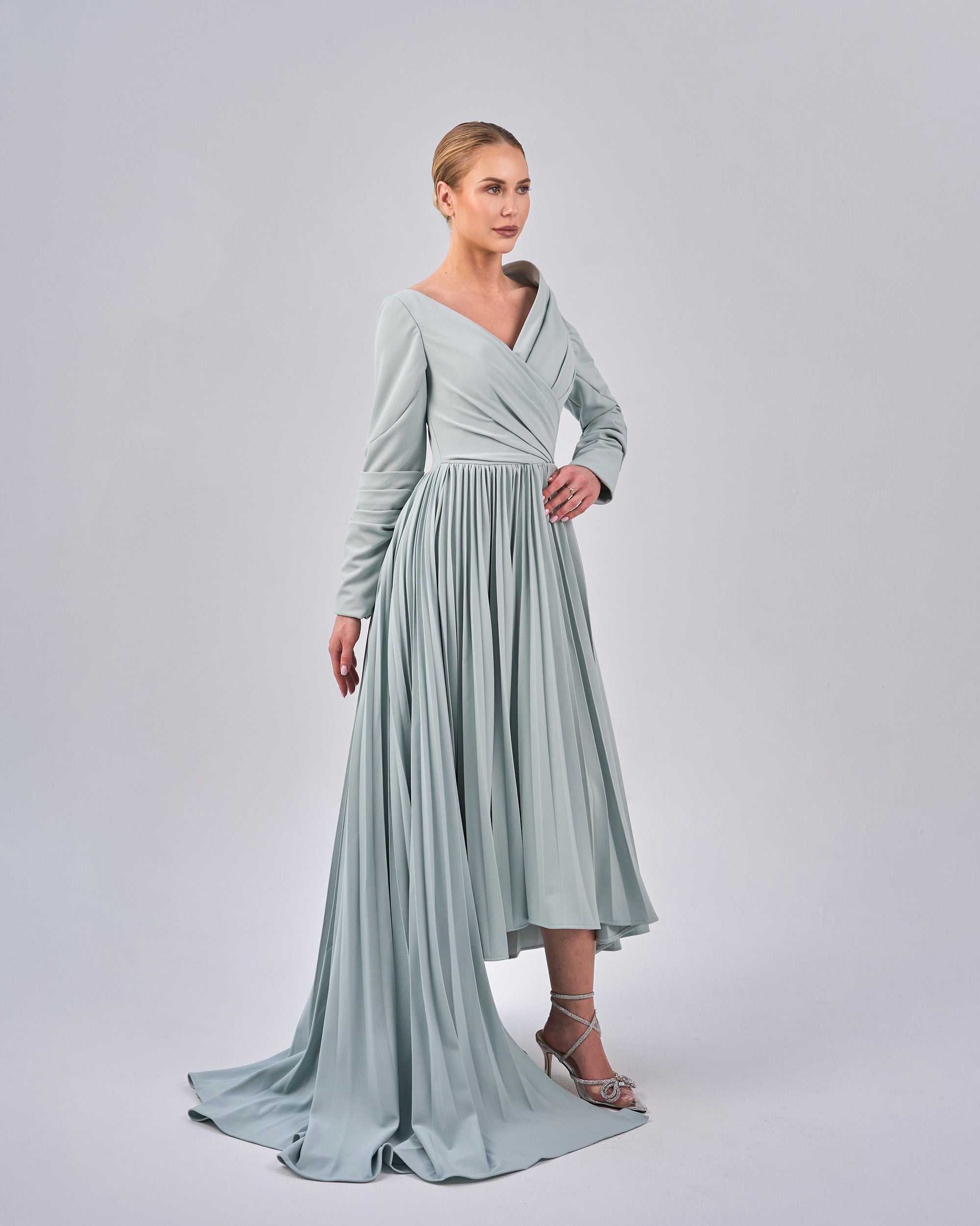 Draped - Pleated dress with asymmetrical neckline - ELODIE