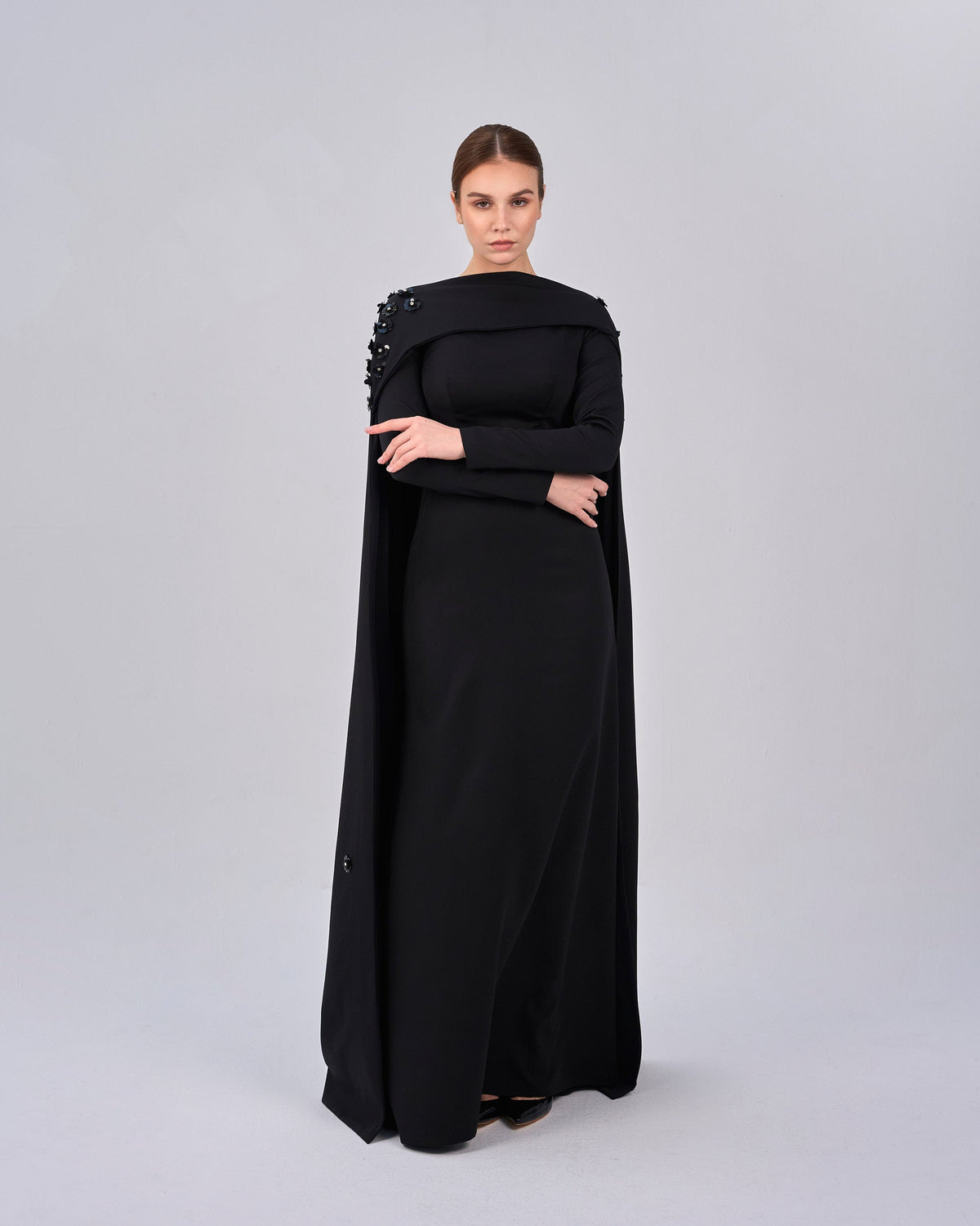 Black dress with folded neckline and flowered back cape - SIENA
